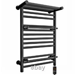 Black Electric Heated Towel Rail 490mm Width OSLO, Shelf & 2 Towel Hooks