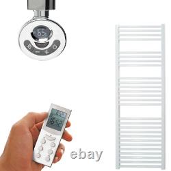 Bray Straight White Heated Towel Rail Warmer Electric, Thermostat + Timer
