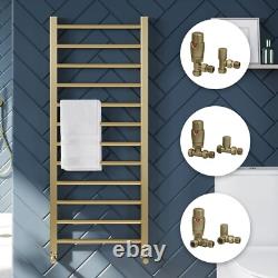 Brushed Brass Bathroom Straight Heated Towel Rail Radiator & Thermostatic Valves