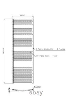 Contemporary Bathroom Curved Heated Towel Rail Radiator Rad 1800 x 600mm Grey