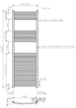 Curved Heated Towel Rail Chrome Silver 1800 x 600mm Wall Mounted Bathroom