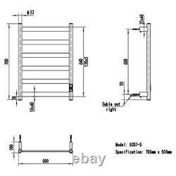 Dry Electric Heated Slimline Towel Rail 500mm(w) x 700mm(h) Stainless Steel 75W