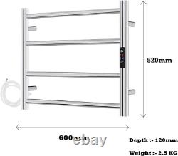 Electric Heated Towel Rail Chrome Stainless Steel with Built-in Timer 520 x 600