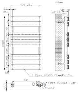 Flat Panel Heated Towel Rail Chrome Silver 800 x 450mm Wall Mounted Bathroom