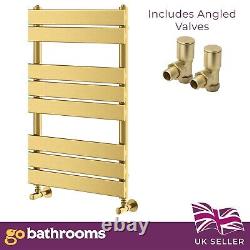 Gold Heated Towel Rail 800mm Modern Flat Panel Bathroom Radiator & Angle Valve