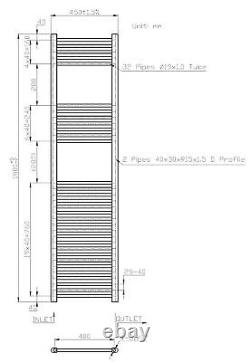 Heated Towel Rail Chrome 1800 x 450mm Flat Bathroom Wall Mounted Steel