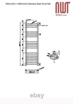Heated Towel Rail Polished STAINLESS Radiator 350mm(w) x 1600mm(h) 1661 BTUs
