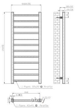 Heated Towel Rail Radiator Wall Mounted Square Bar Ladder Chrome 1200 x 500mm