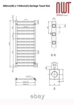 Heated Towel Rail Radiator Warmer Black DENBIGH 500mm(w) x 1165mm(h) 1721 BTUs