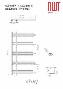 Heated Towel Rail Radiator Warmer Chrome BEAUMARIS 500mm(w) x 1200mm(h) 751 BTU