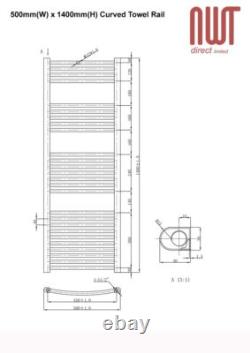 Heated Towel Rail Radiator Warmer Chrome CURVED 500mm(w) x 1400mm(h) 2352 BTUs