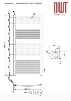 Heated Towel Rail Radiator Warmer Chrome CURVED 600mm(w) x 1200mm(h) 2376 BTUs