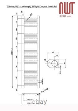 Heated Towel Rail Radiator Warmer Chrome STRAIGHT 300mm(w) x 1200mm(h) 1326 BTUs