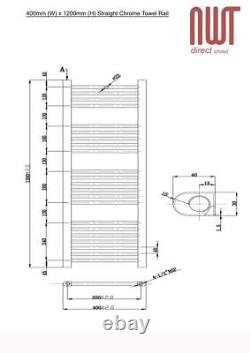 Heated Towel Rail Radiator Warmer Chrome STRAIGHT 400mm(w) x 1200mm(h) 1637 BTUs