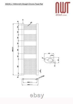 Heated Towel Rail Radiator Warmer Chrome STRAIGHT 400mm(w) x 1400mm(h) 1926 BTUs