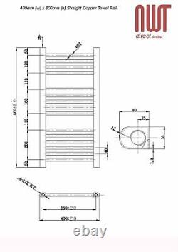 Heated Towel Rail Radiator Warmer Copper STRAIGHT 400mm(w) x 800mm(h) 1107 BTUs