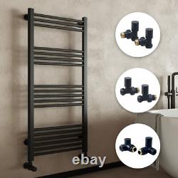 Matt Black Bathroom Straight Heated Towel Rail Radiator & Manual Rad Valves