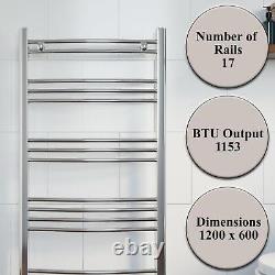 Modern Bathroom 1200 x 600mm Heated Towel Rail Radiator Curved Chrome 17 Rails