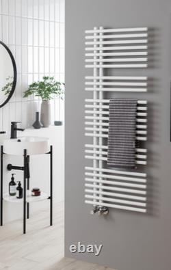 NEW Designer White Heated Bathroom Towel Rail. RRP £355. Side-load wall-mounted