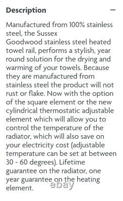 JIS Sussex Goodwood Radiateur Serviette Chauffant en Acier Inoxydable Satin 100% Neuf