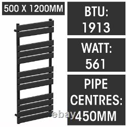 Radiateur à serviettes à panneau plat 500 mm de large en noir mat pour chauffage central de salle de bain