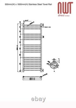 Radiateur à serviettes chauffant en acier inoxydable poli 500 mm (l) x 1600 mm (h) 2025 BTU