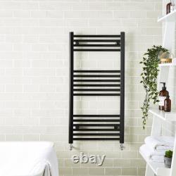 Radiateur chauffant à barreaux pour serviettes de 600 mm de largeur, noir mat, droit, avec vannes pour salle de bain