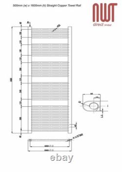 Radiateur chauffant pour serviettes en cuivre DROIT 500mm(l) x 1600mm(h) 2761 BTUs