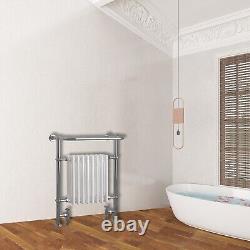 Radiateur de colonne pour salle de bain, porte-serviettes chauffant traditionnel de style victorien en blanc et chromé.