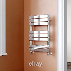 Radiateur de serviette chauffant plat en chrome pour salle de bain, de toutes tailles, conçu par un designer.