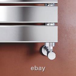 Radiateur de serviette chauffant plat en chrome pour salle de bain, de toutes tailles, conçu par un designer.