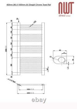 Radiateur sèche-serviettes chauffant chromé DROIT 400mm (l) x 1000mm (h) 1385 BTU