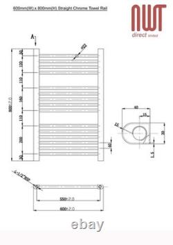 Radiateur sèche-serviettes chauffant chromé DROIT 600 mm (l) x 800 mm (h) 1624 BTU