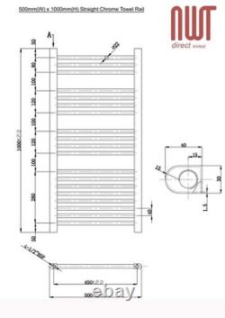 Radiateur sèche-serviettes chromé droit 500 mm (largeur) x 1000 mm (hauteur) – 1737 BTU