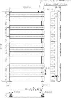 Rail chauffant à serviettes à panneau plat gris anthracite 1200 mm x 600 mm mural