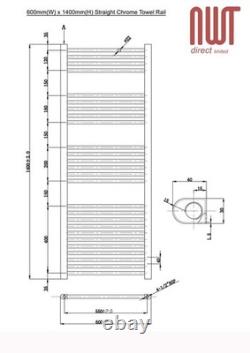Sèche-serviettes chauffant radiateur chromé DROIT 600 mm (l) x 1400 mm (h) 2661 BTU