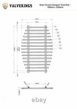 Support de serviettes de designer en chrome, chauffé, salle de bain 700mm x 1200mm Duke