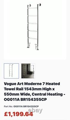 Vogue Art Moderne 7 Bar Radiateur Serviette Électrique Chauffé - 1543mm X 550mm, Chrome, Chauffage Central